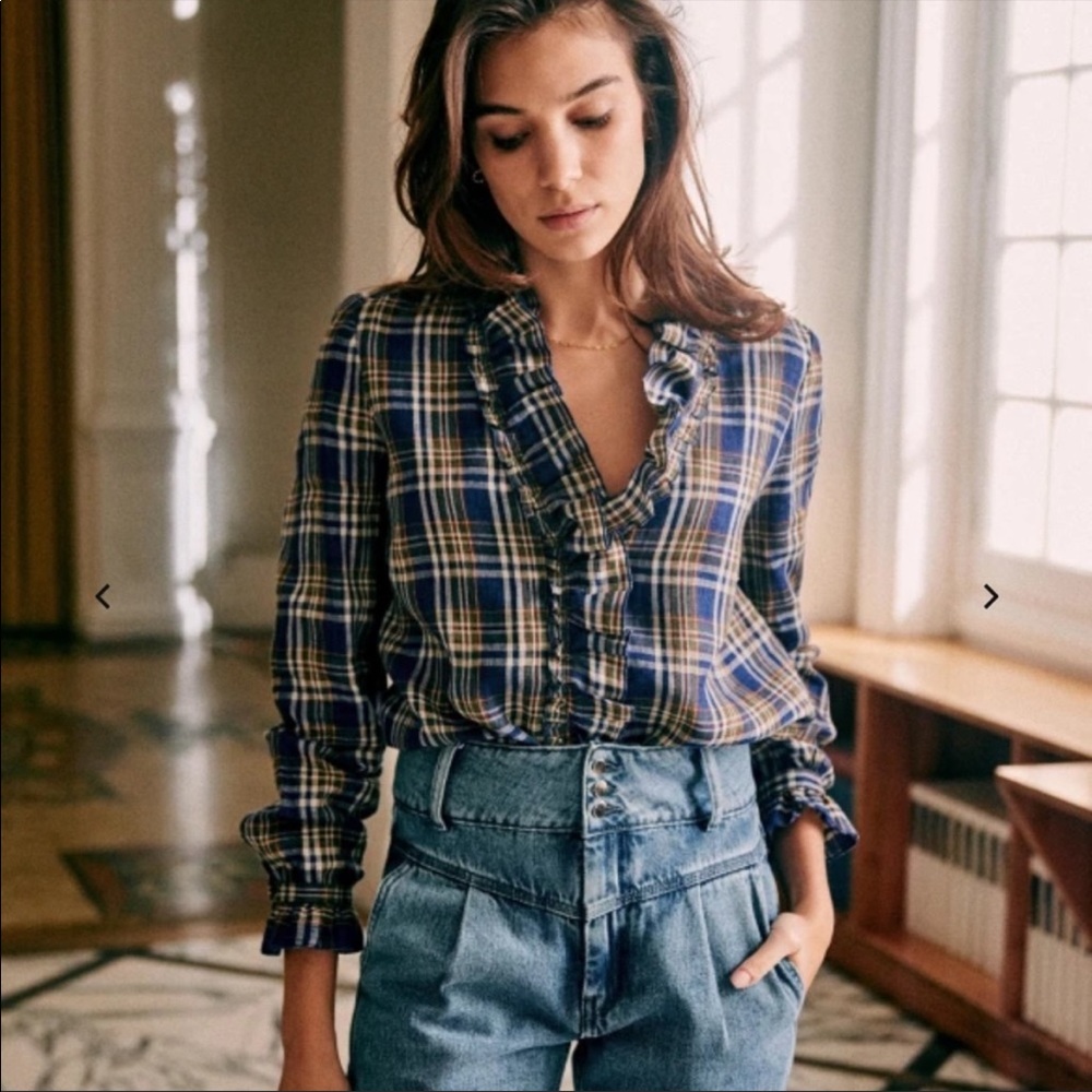 Sezane Vera Shirt plaid linen ruffle button front blouse 40